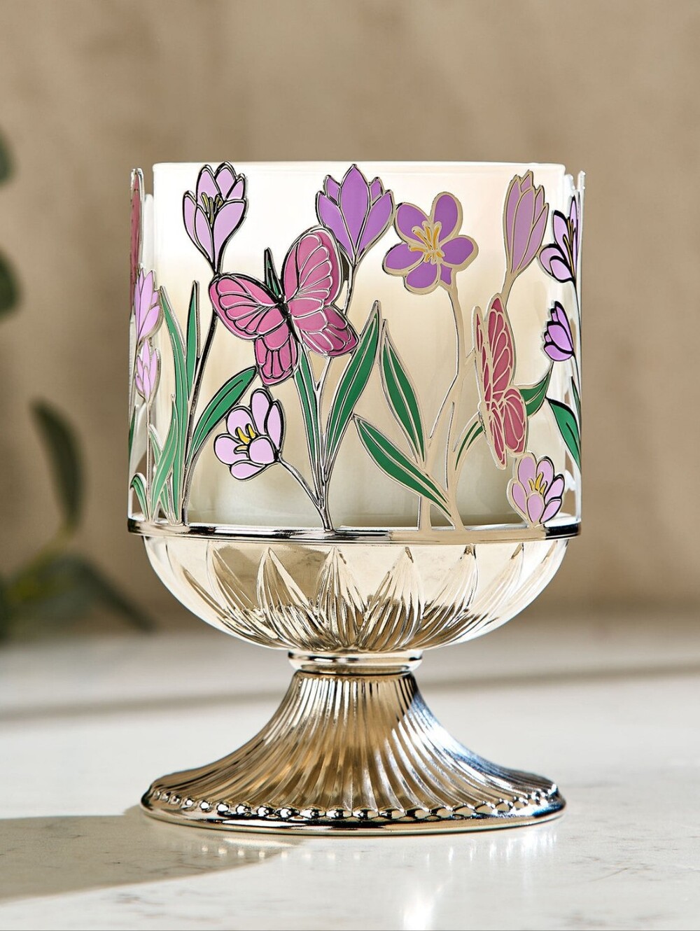 NWT Bath & Body Works Butterfly 3Wick Candle Holder Silver Multi Color Whimsical